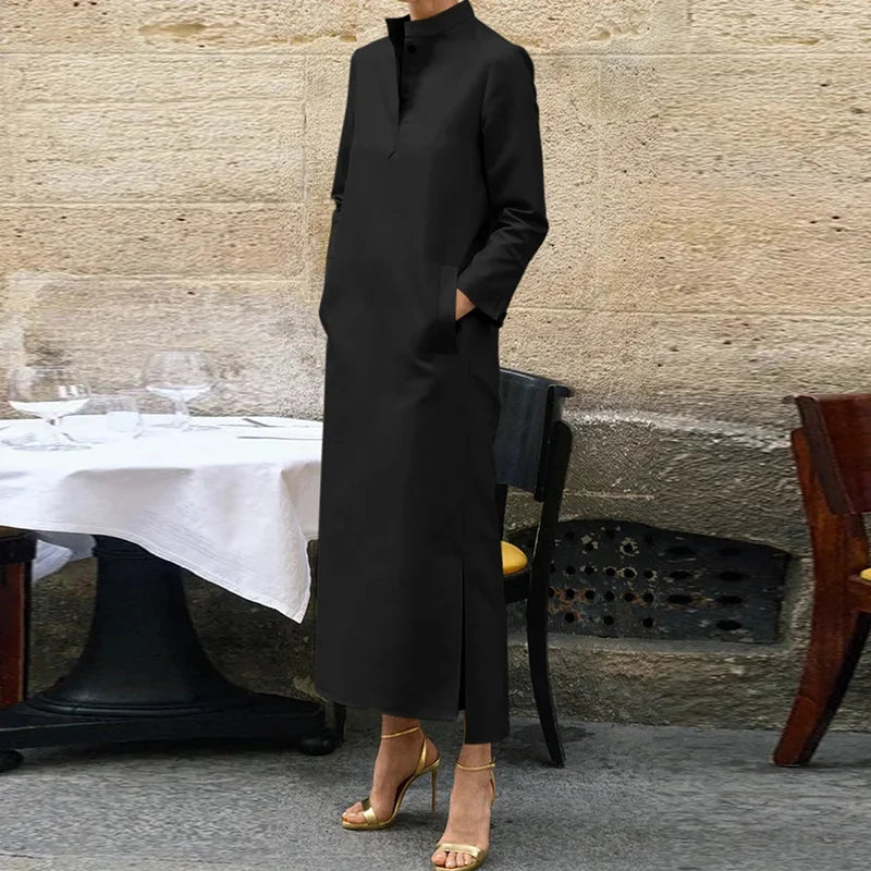 Autumn Party Maxi Dress - V Neck, Long Sleeve, Dot Print