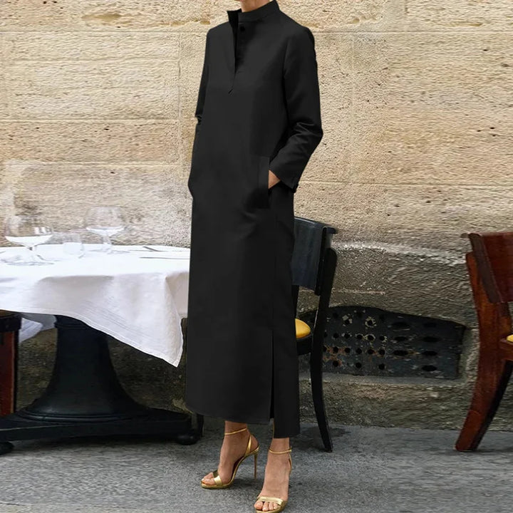 Autumn Party Maxi Dress - V Neck, Long Sleeve, Dot Print
