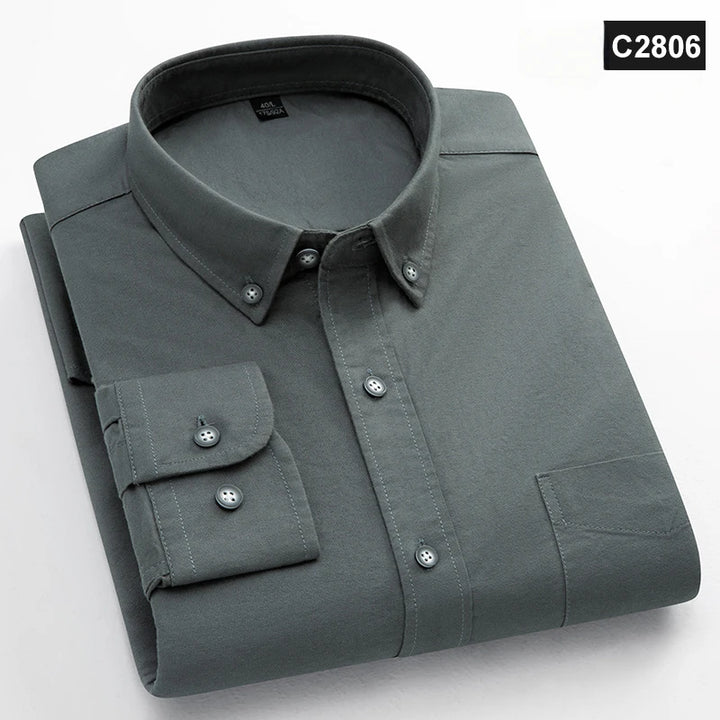 Men's Classic Fit Cotton Long-Sleeve Shirt - Oxford Solid Color Office Top