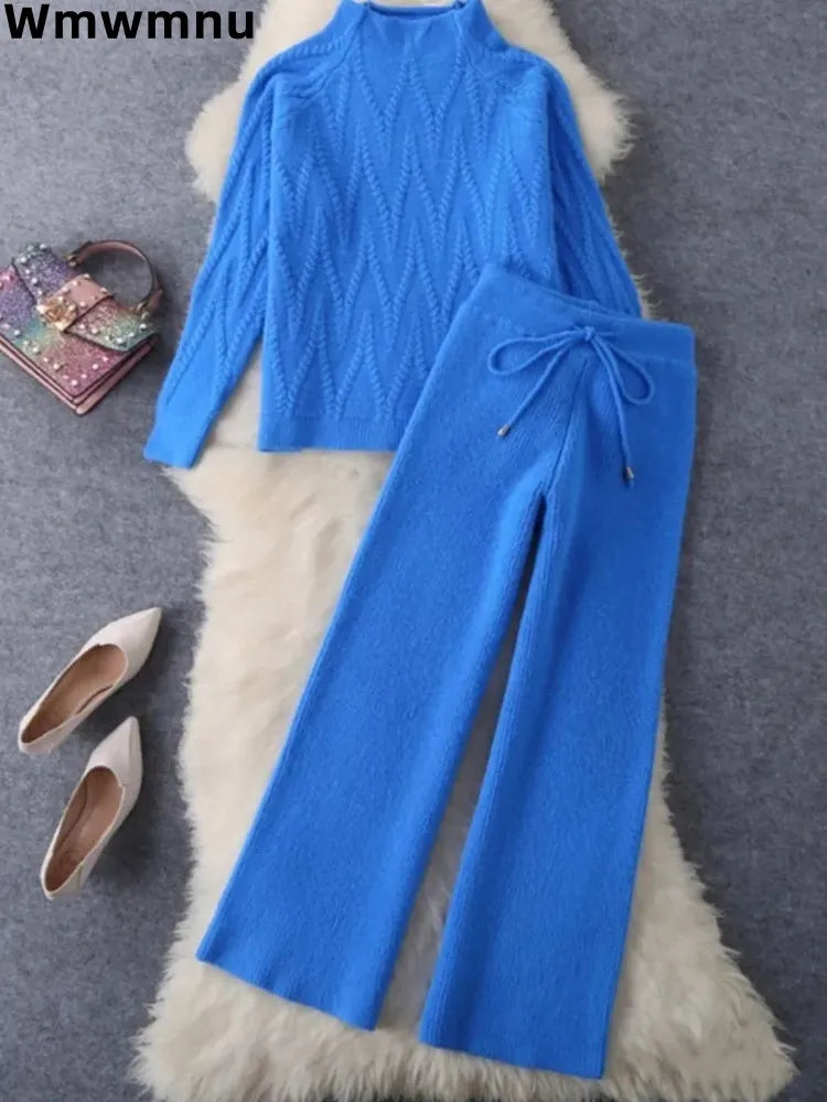 Warm Solid Knitwear 2-Piece Set - Thick Blue Sweater & Wide Leg Pants