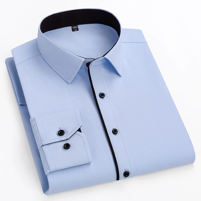 Plus Size Men's Formal Dress Shirt - Autumn Office Wear, Long Sleeve, Blue/Black, 10XL-11XL, 160KG