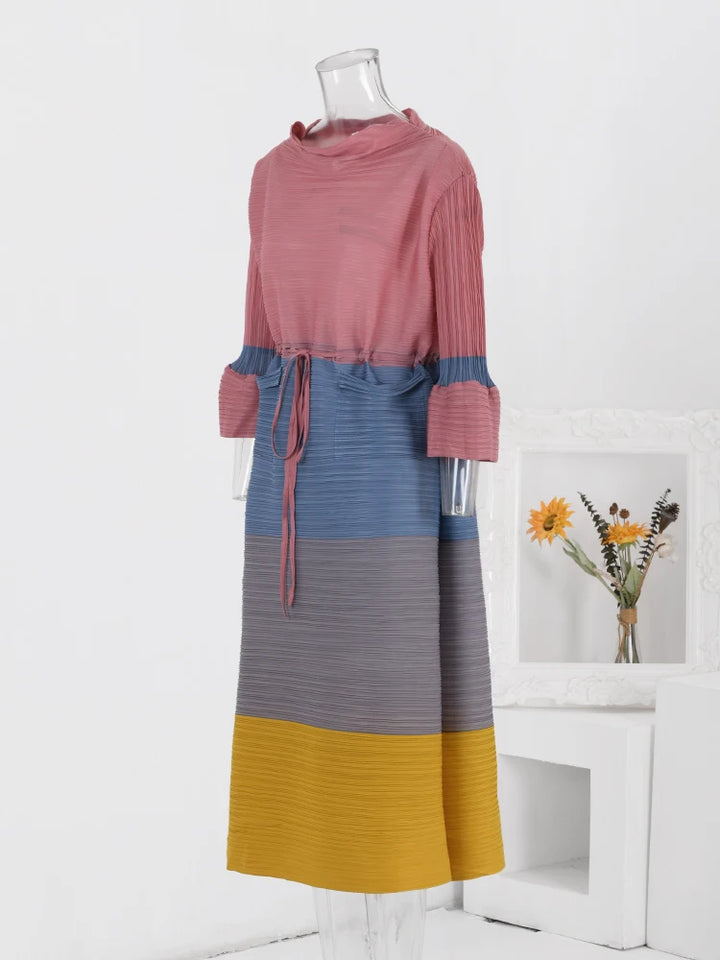 Stylish Color Block Pleated Dress for Women | Spring 2024 Fashion | Drawstring Waist | 32C511