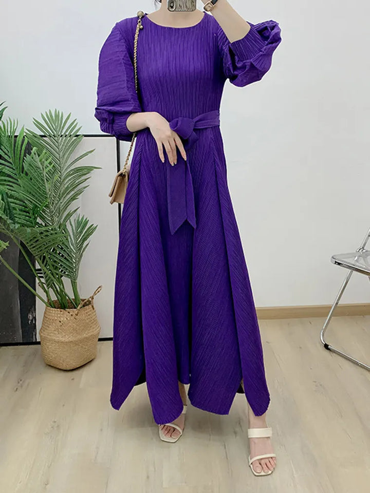 Stylish LANMREM Maxi Dress - High Waist, Long Sleeves, Pleated - 2024 Spring Collection