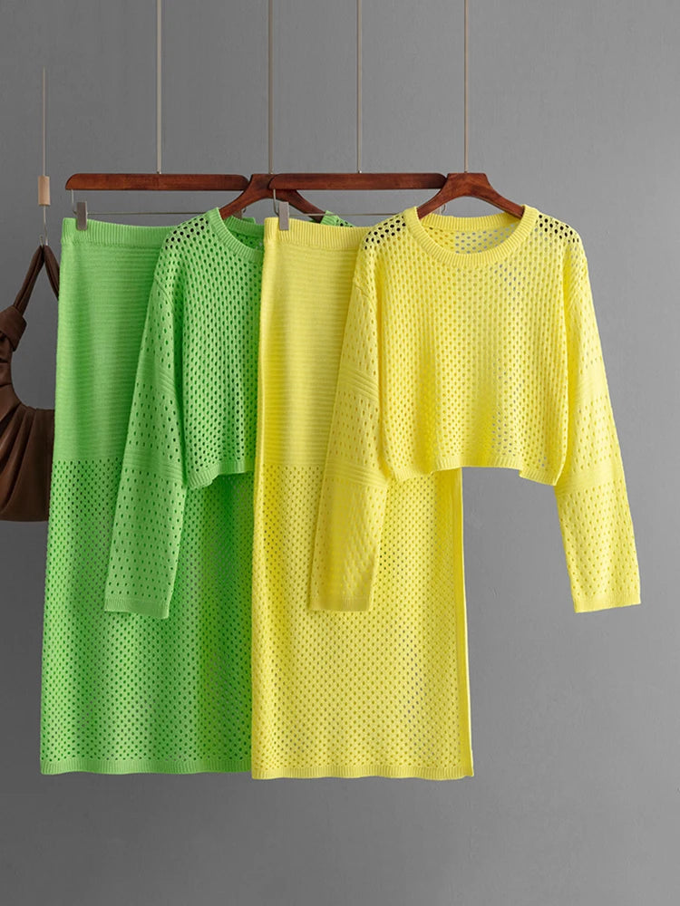 XFPV Women's Sweet Hollow Out Knitted Sweater Top Long Half Fashion Skirt 2-piece Set Y2k Korean Tide Autumn Winter 2024 SM11456