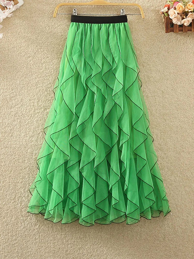 Summer/Winter Tulle Mesh Skirt - High Waist, Ruffled, Pleated - Women's Sizes