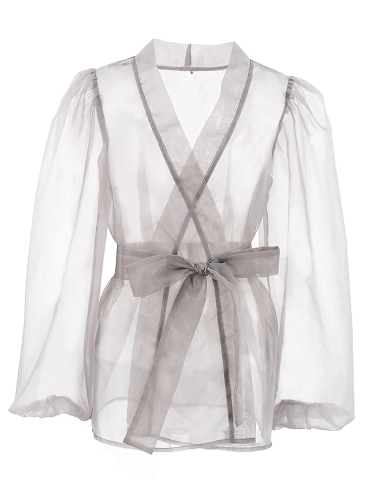 Y2K Lace Up Party Blouse: Mnealways18 Mesh Perspective Cardigan with Sashes & Puff Sleeves