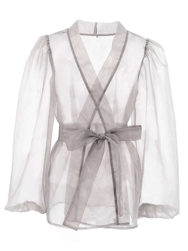Y2K Lace Up Party Blouse: Mnealways18 Mesh Perspective Cardigan with Sashes & Puff Sleeves