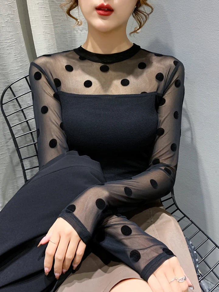 2023 Sexy Sheer Polka Dot Top - Round Neck, Long Sleeve - Flocking Women's T-shirt