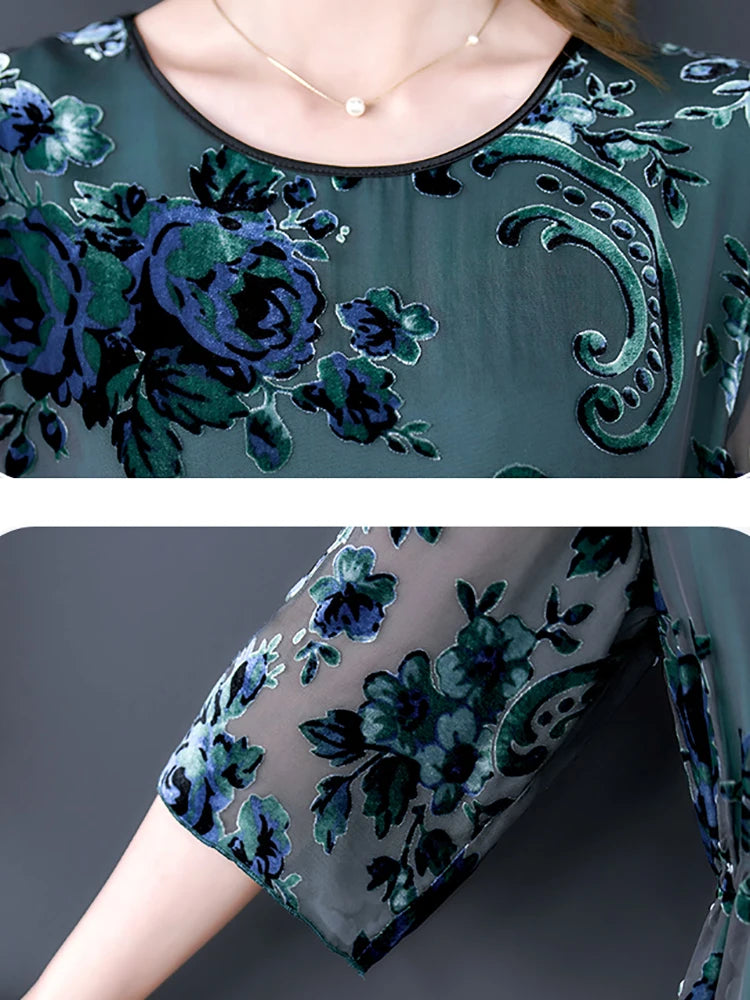 Elegant Floral Silk Midi Dress - High Quality, Korean Vintage Style