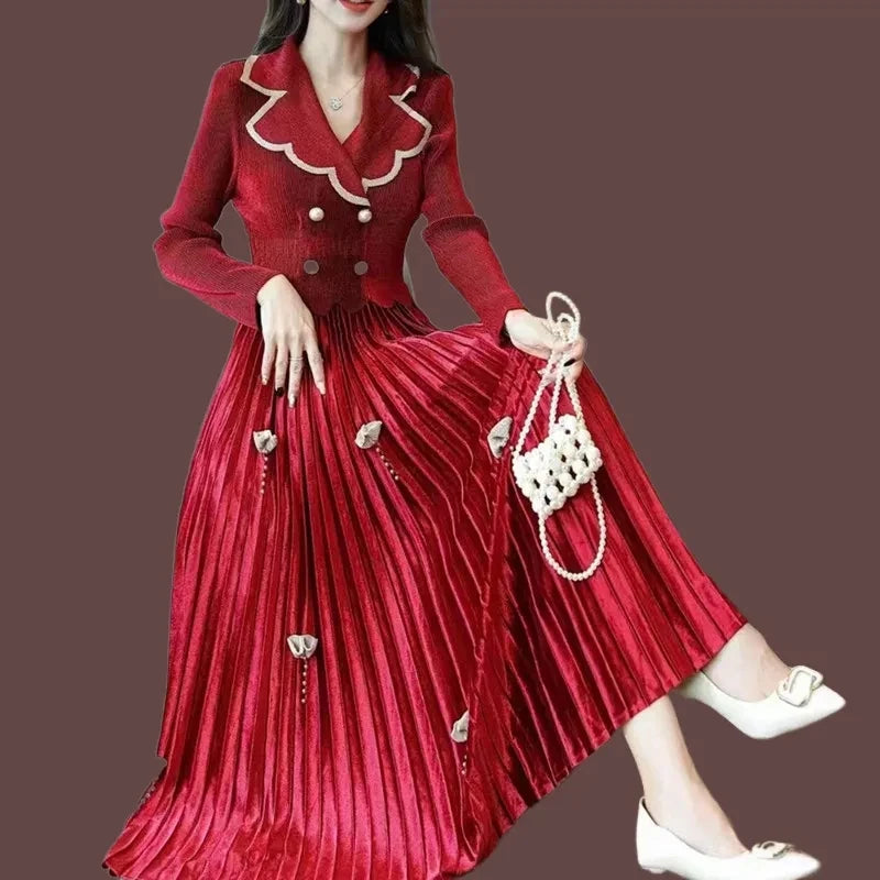 New 2023 Autumn/Winter Velvet Dress - Slim Fit, Pleated, Long Sleeve - Red Skirt for Women