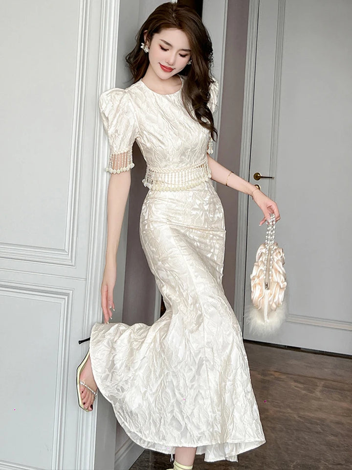 Vintage Celebrity Style 2-Piece Outfit Set with Jacquard Satin, Pearl Tassel, and Fishtail Skirt for Women - Perfect for Parties and Prom (2023)