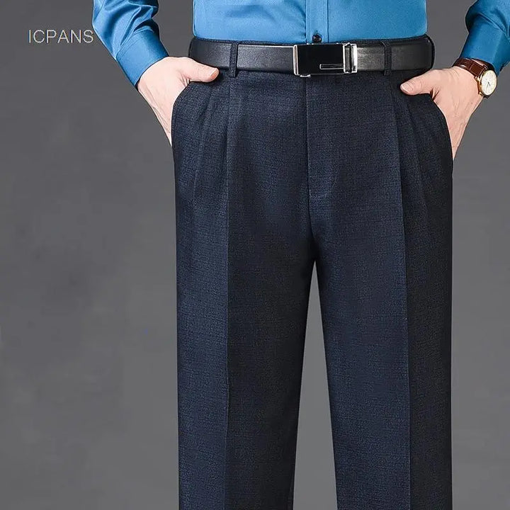 Men's Double Pleated Dress Pants - High Waist, Loose Fit, Business Casual - Autumn/Winter