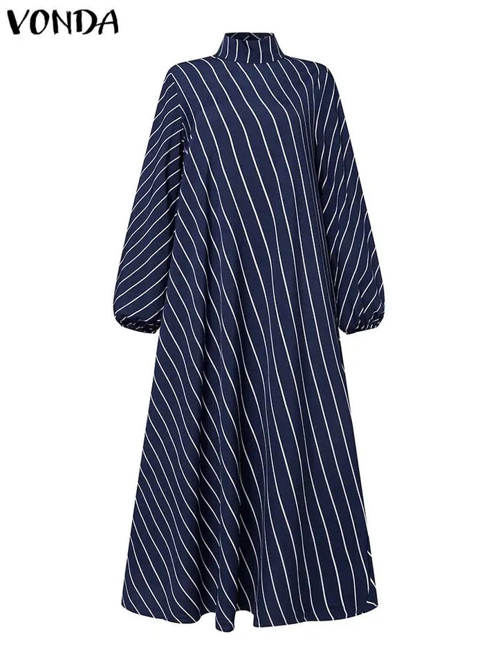 Plus Size 5XL VONDA Fashion Striped Maxi Dress Bohemian Women High Neck Elegant Long Sundress Long Puff Sleeve Printed Vestidos