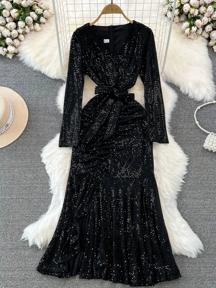 XFPV Elegant V-neck Sequins Dress