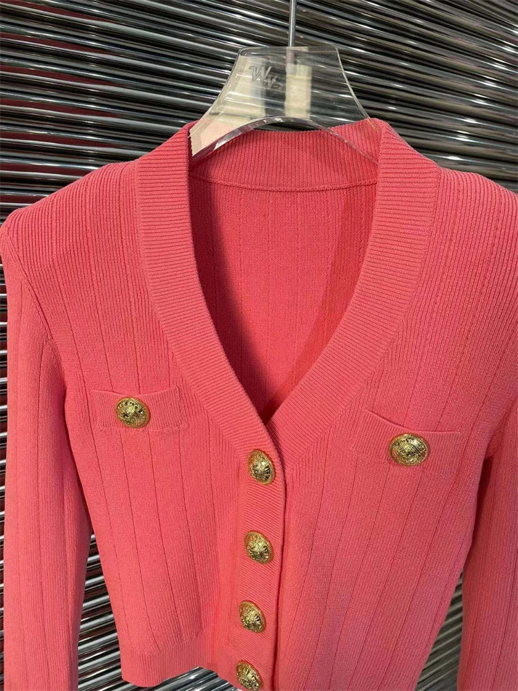 Vintage Button V-Neck Cardigan Sweater - Elegant & Stretchy for Ladies
