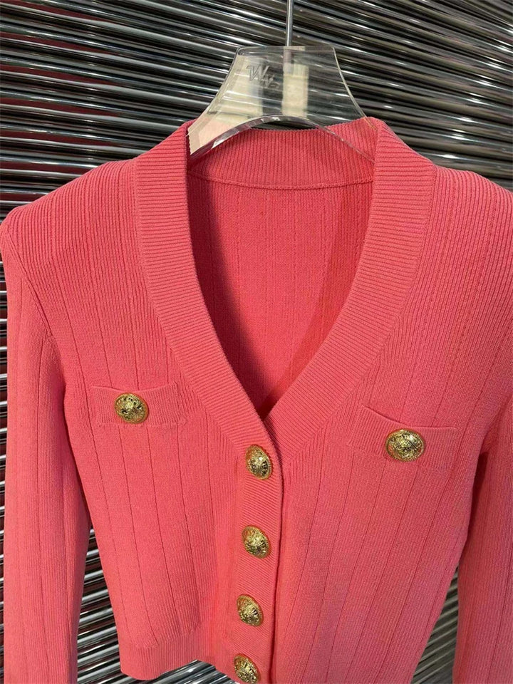 Vintage Button V-Neck Cardigan Sweater - Elegant & Stretchy for Ladies