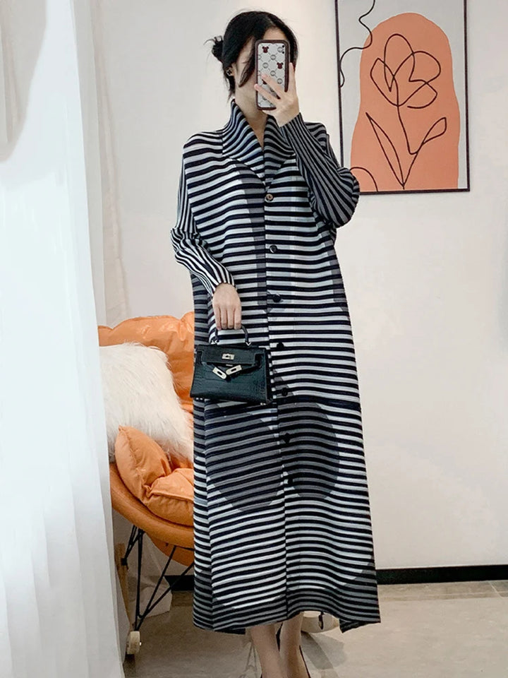 LANMREM Striped Pleated Dress - Lapel Long Sleeve - Casual Loose Fit - 2024 Spring New