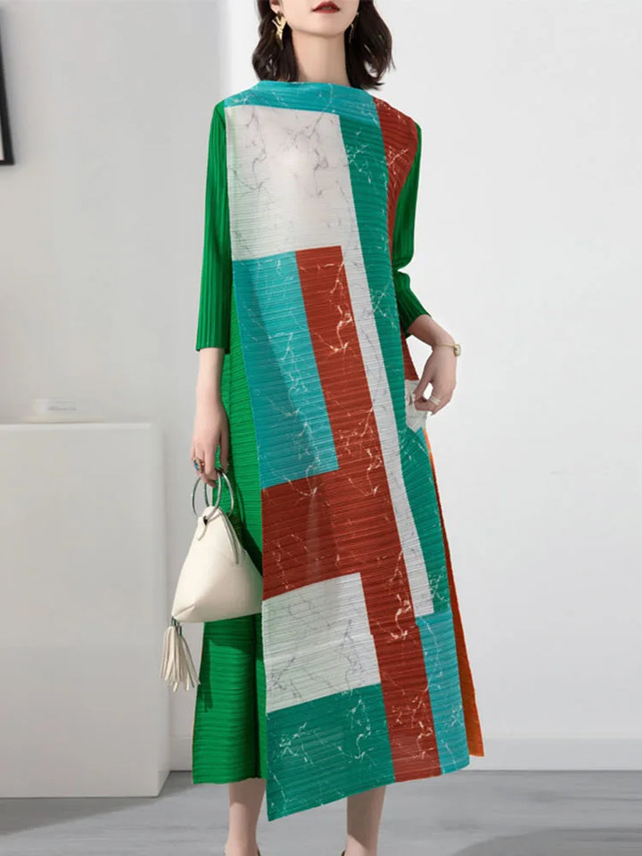LANMREM Color Block Pleated Long Dress