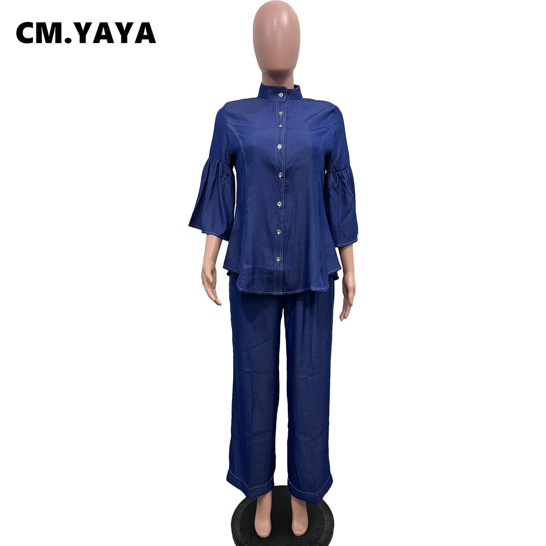 Upgrade Your Wardrobe with CM.YAYA's 2-Piece Jean Set - Flare Shirt & Wide Leg Pants - 2024 Collection!