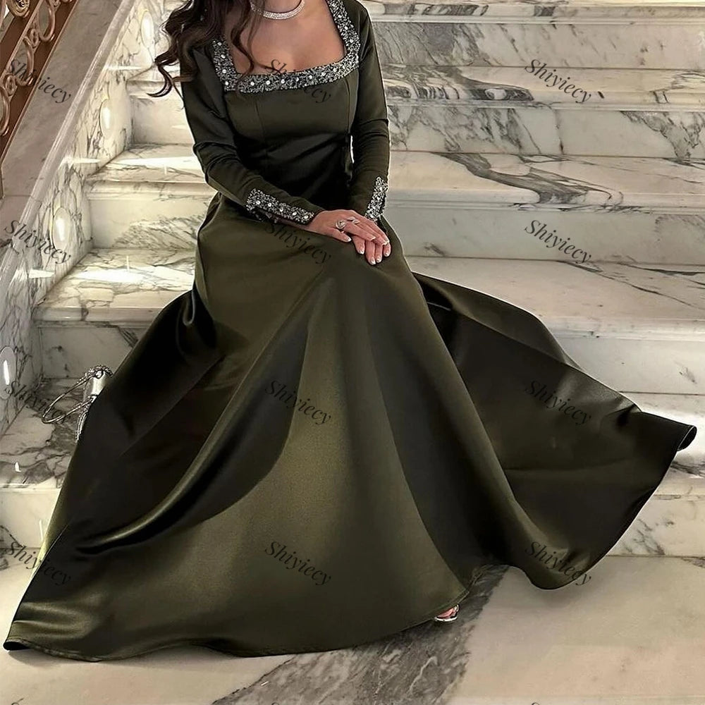 2024 Square Collar Satin Evening Dress with Sequined Crystal Sleeves