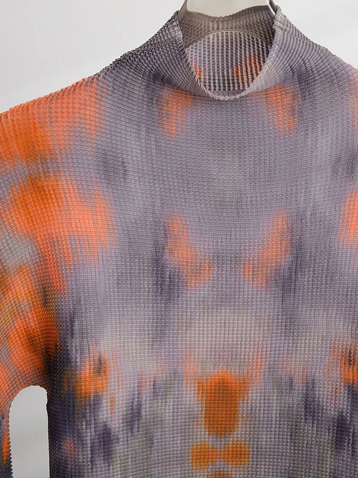 LANMREM 2024 New Printed Pleated 2 Pieces Skirt Set Women's Turtleneck Long Sleeves Slim Tops High Elastic Waist Skirts 2YA648