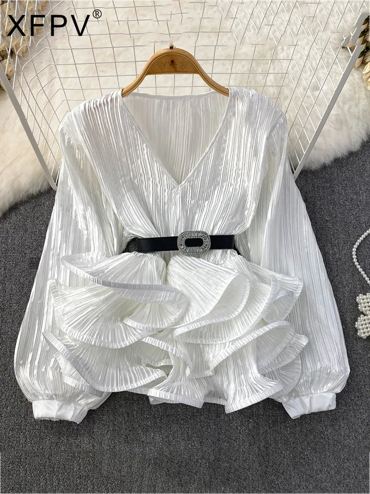 2023 Summer Fashion: Elegant Ruffle Blouse with Lantern Sleeves for Women - XFPV Y2k