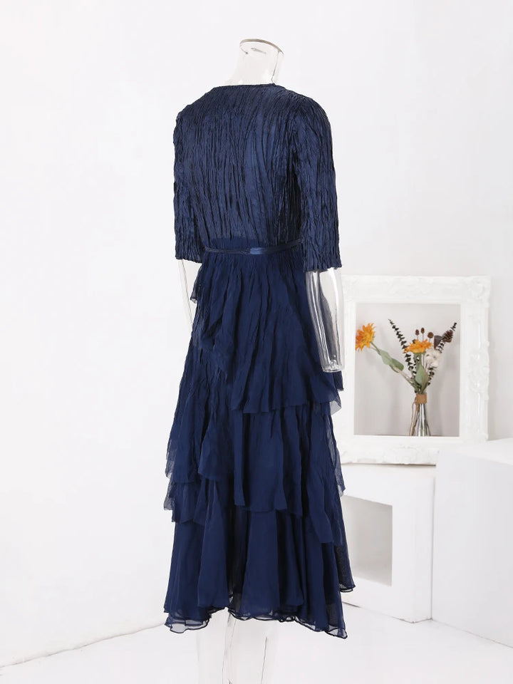 Stylish LANMREM 2024 Pleated Dress with V Neck and Belt - Perfect for Parties!