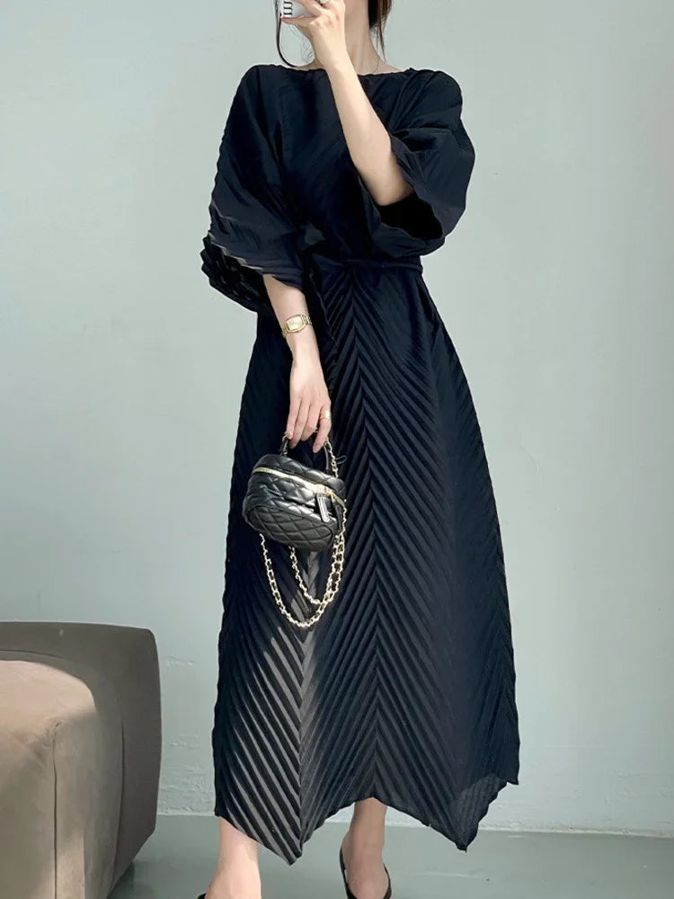 EGRM Fashion Miyake Pleated Dress - A-line, Casual, O-Neck, Half Sleeves, Belt - 2024 Spring Collection