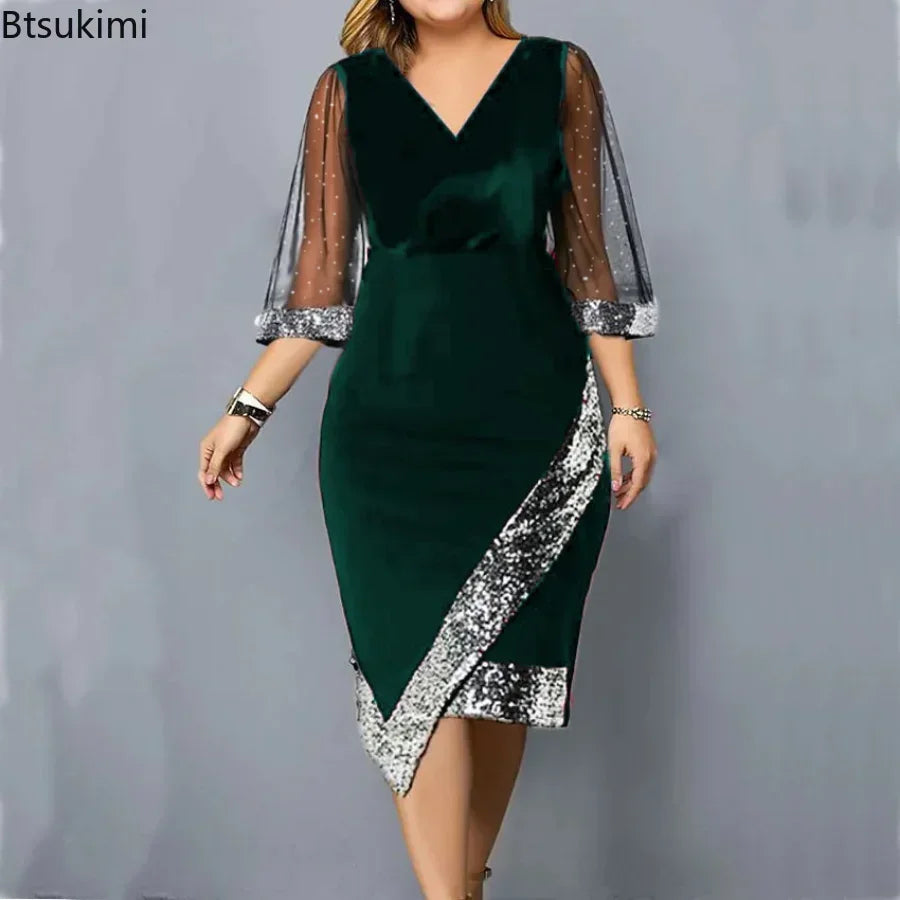 New 2024 Women's Casual Dress Golden Velvet Irregular Sequin Perspective Mesh Dress Female Oversized Fat Ladies Dress Vestidos