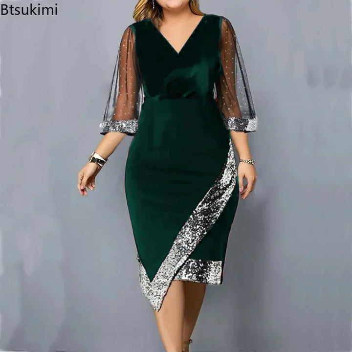New 2024 Women's Casual Dress Golden Velvet Irregular Sequin Perspective Mesh Dress Female Oversized Fat Ladies Dress Vestidos