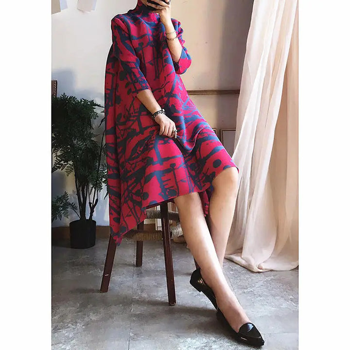 Stylish High-Neck Print Dress for Spring/Summer '23 - Loose Fit, Anti-Aging Base