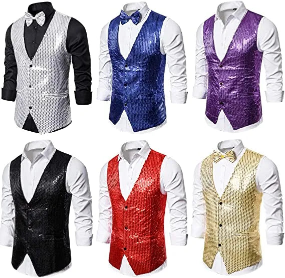 Men's Sequin Business Wedding Vest with Bow Tie - Formal Suit Waistcoat for Evening Party - Perfect Gift for Husband