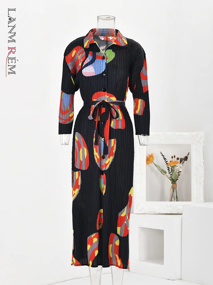 LANMREM Contrast Color Pleated Print Dress