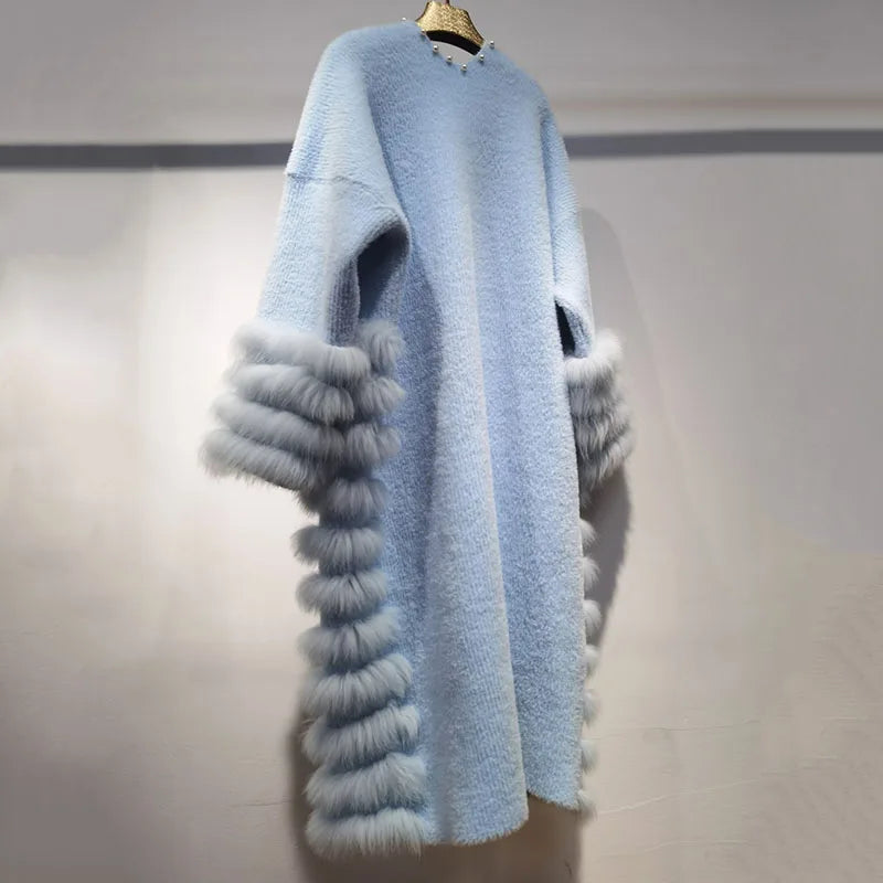 Women's Fox Fur Stripe Knitted Cardigan Coat