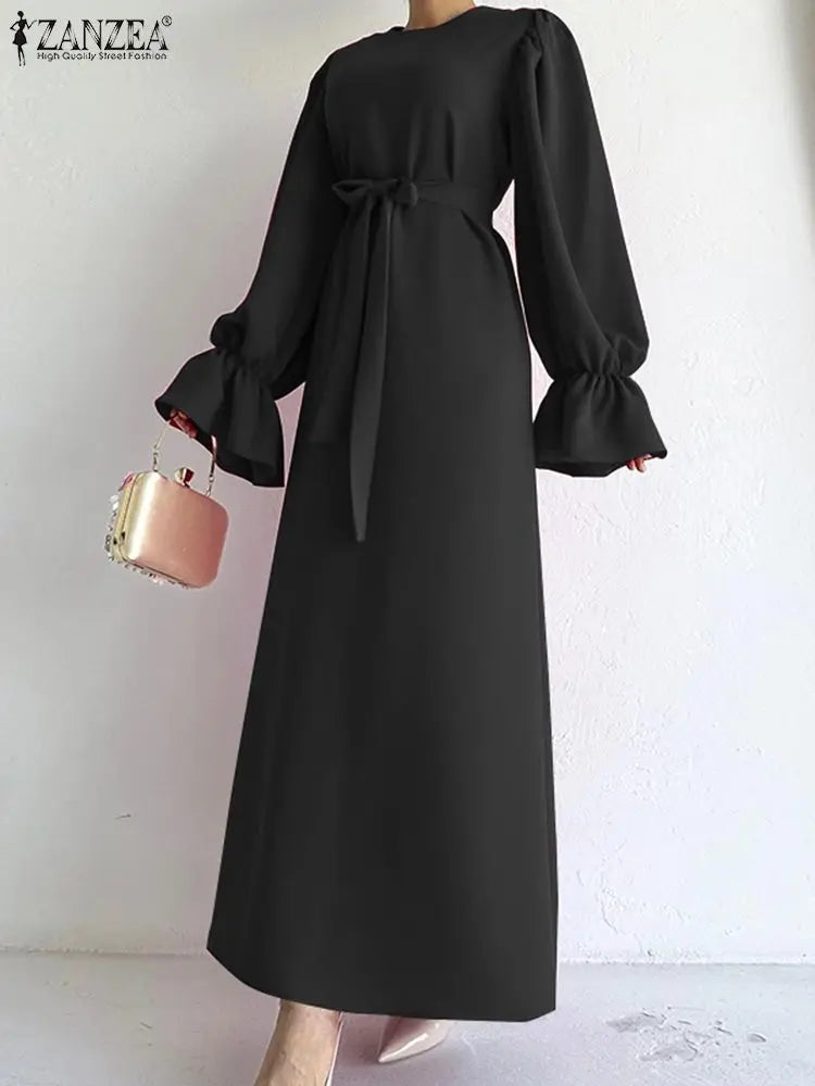 Vintage Maxi Dress with Ruffled Cuffs and Belt - ZANZEA 2023 Autumn Collection