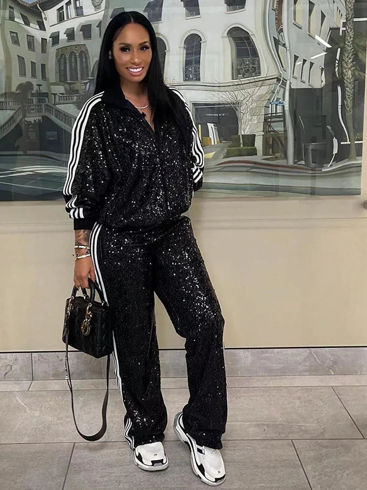 Sequin Two-Piece Set: Winter Nightclub Sport Suit for Casual Elegance