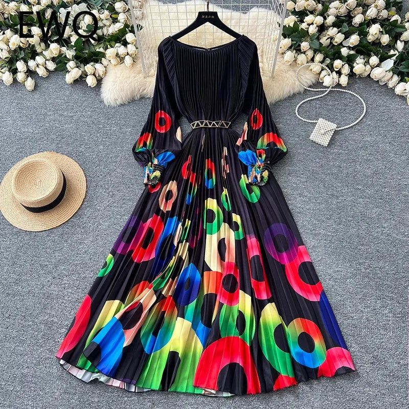 EWQ Elegant Print Pleated Women's Dress 2024