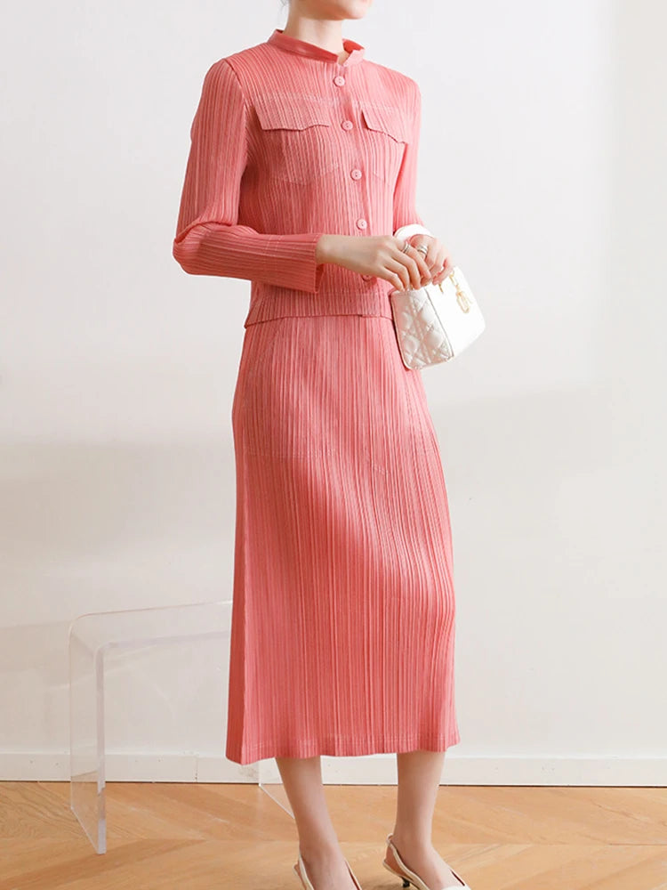 Elegant Office Lady Set 2024: Pleated Top + Loose Skirt