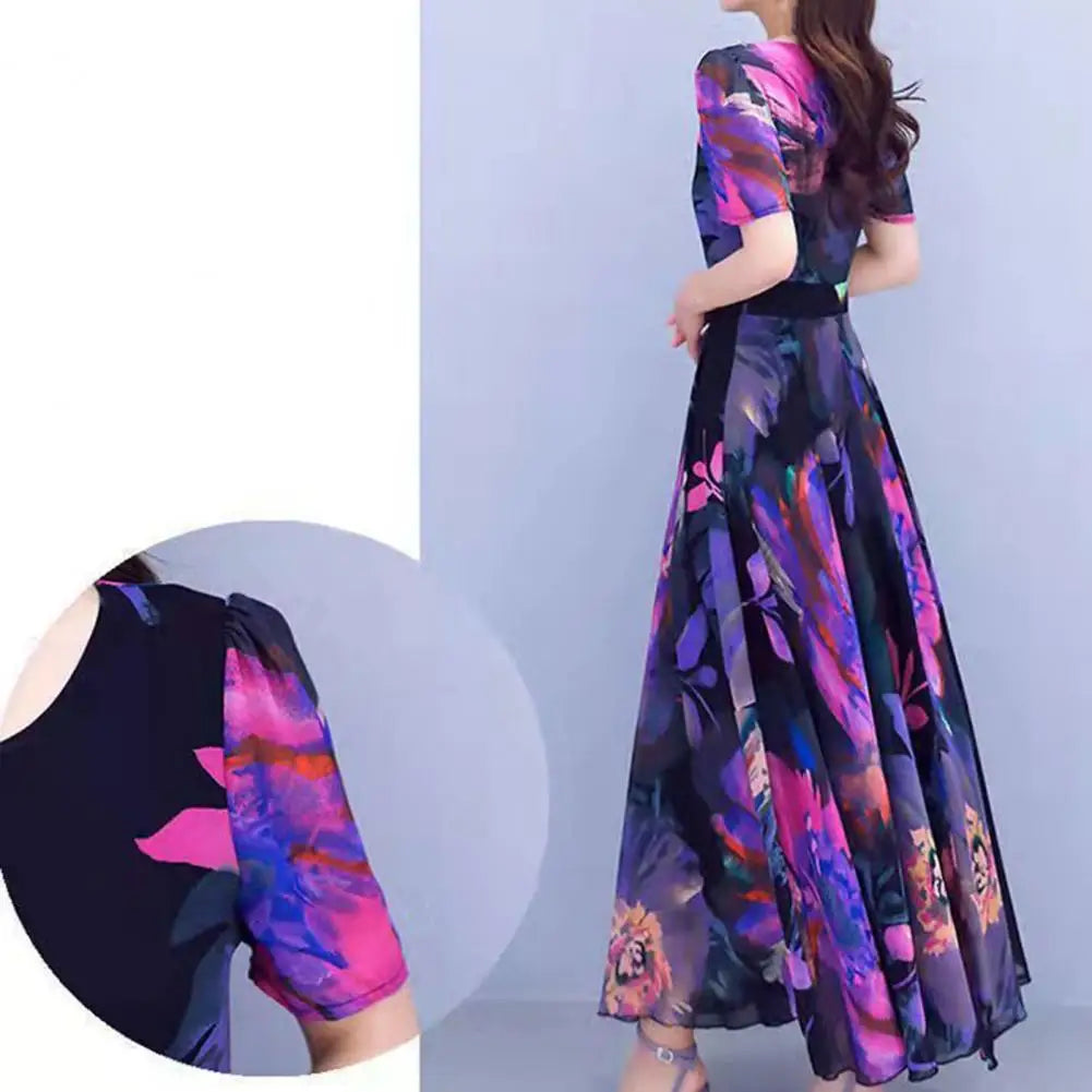 Women Loose Long Dress Summer Casual Half Sleeve Floral Print Dress A-line Big Swing Bohemian Beach Holiday Midi Dress Vestidos