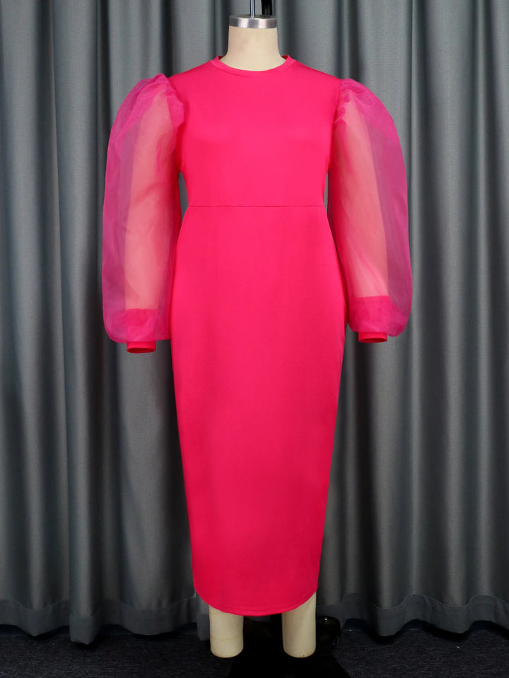 Plus Size Midi Party Dress with Tulle Patchwork and Lantern Sleeves for Women - Perfect for Birthdays and Events!