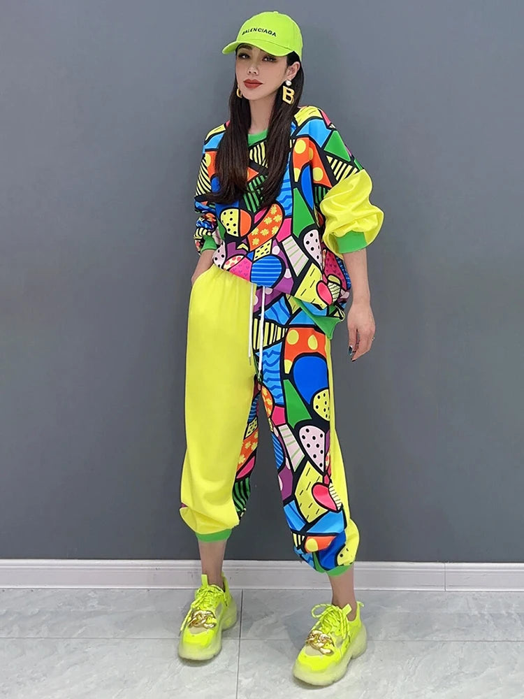 Spring Printed 2-Piece Set: Loose O-Neck Top & Drawstring Pants - SHENGPALAE 2024