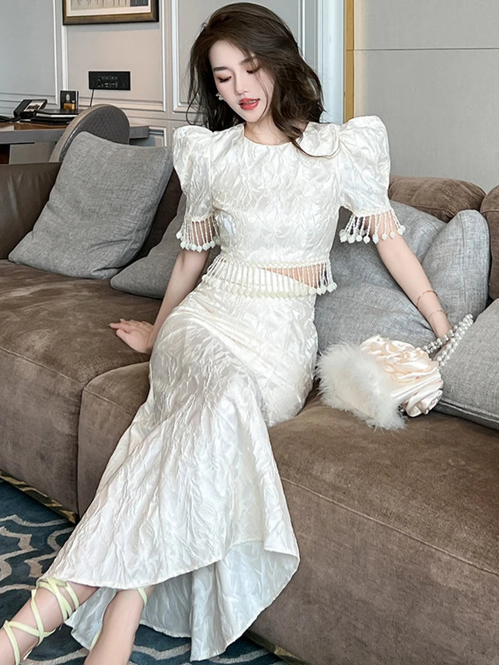 Vintage Celebrity Style 2-Piece Outfit Set with Jacquard Satin, Pearl Tassel, and Fishtail Skirt for Women - Perfect for Parties and Prom (2023)