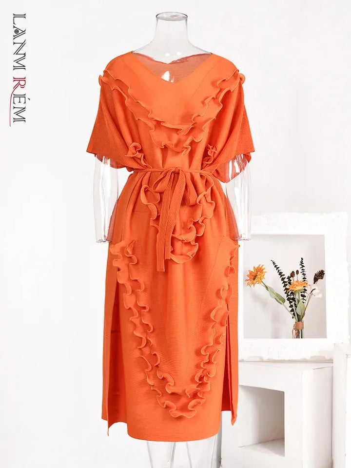 Elegant Spring Belt Pleated Dress - Fungus Patchwork Design - V Neck - 2024 New Arrival