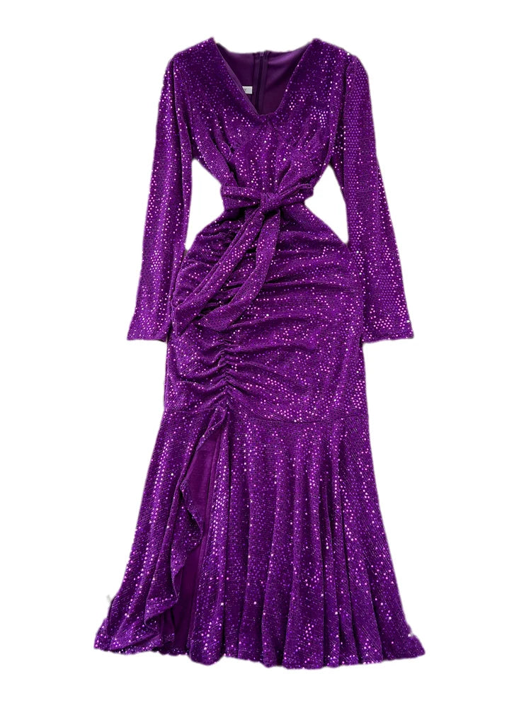 XFPV Elegant V-neck Sequins Dress