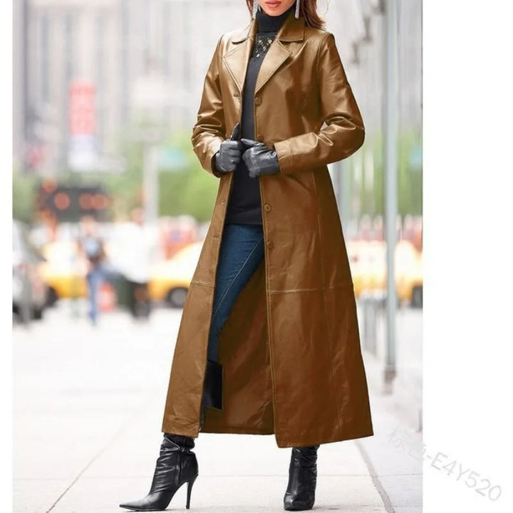 Women's Leather Trench Coat - Slim Fit Outwear with Button Detail
