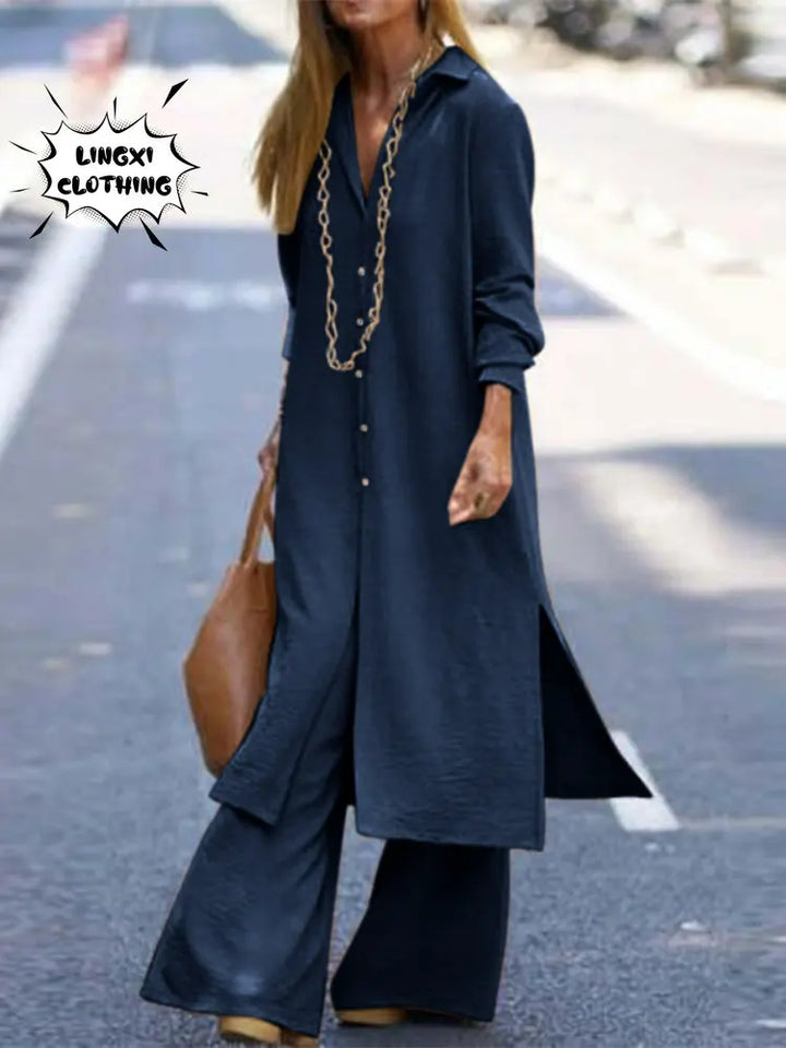 Upgrade Your Autumn Style with Our Long Sleeve Shirt and Wide Leg Pants Set - Sizes Up to Large!