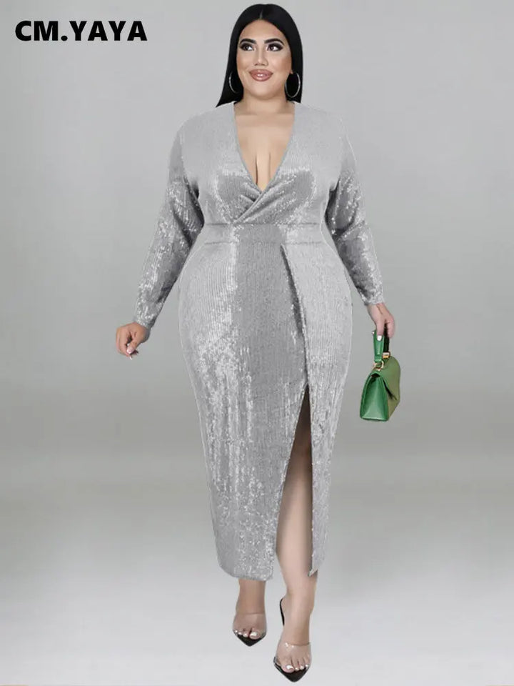 CM.YAYA Plus Size Sequined Women Wrap V-neck Long Sleeve High Side Slit Maxi Long Sexy Party Club Even Bodycon Midi Dress