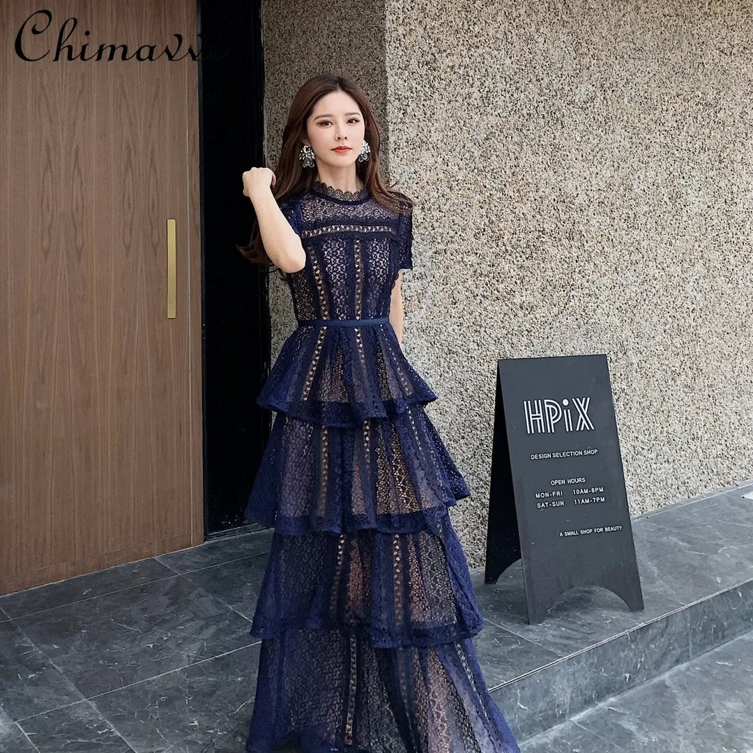 2023 Summer Maxi Dress: Dark Blue Lace Short Sleeve Slimming Multi-layer Cake Dress