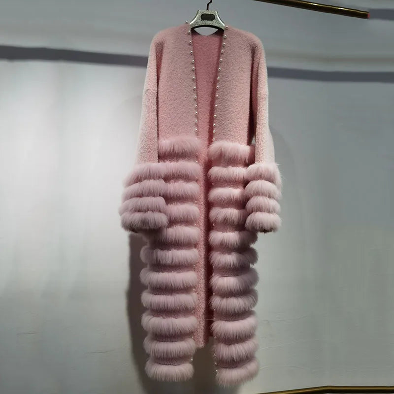 Women's Fox Fur Stripe Knitted Cardigan Coat