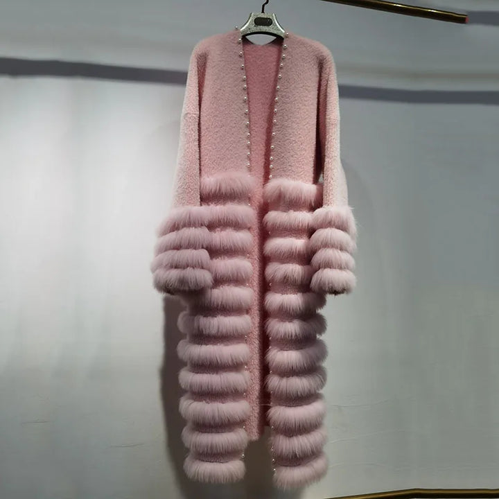 Women's Fox Fur Stripe Knitted Cardigan Coat